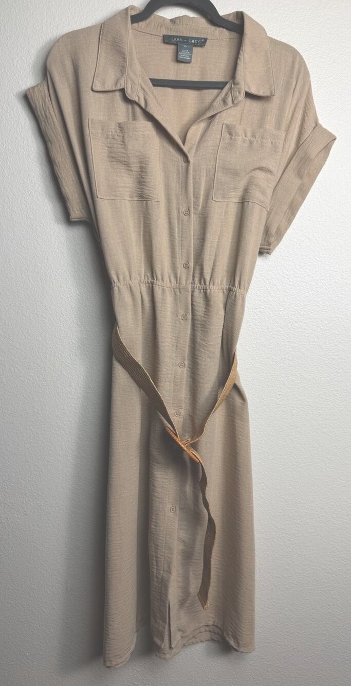 Lark + Grey Women's Beige Cottagecore Farmhouse Short Sleeve Dress Belt Size XL